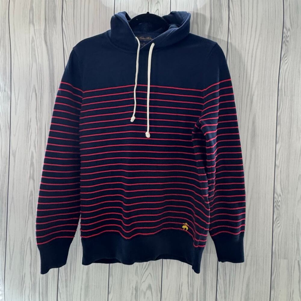 Brooks Brothers Mens Striped Cotton Pull Over Hooded Sweater Medium Navy Red